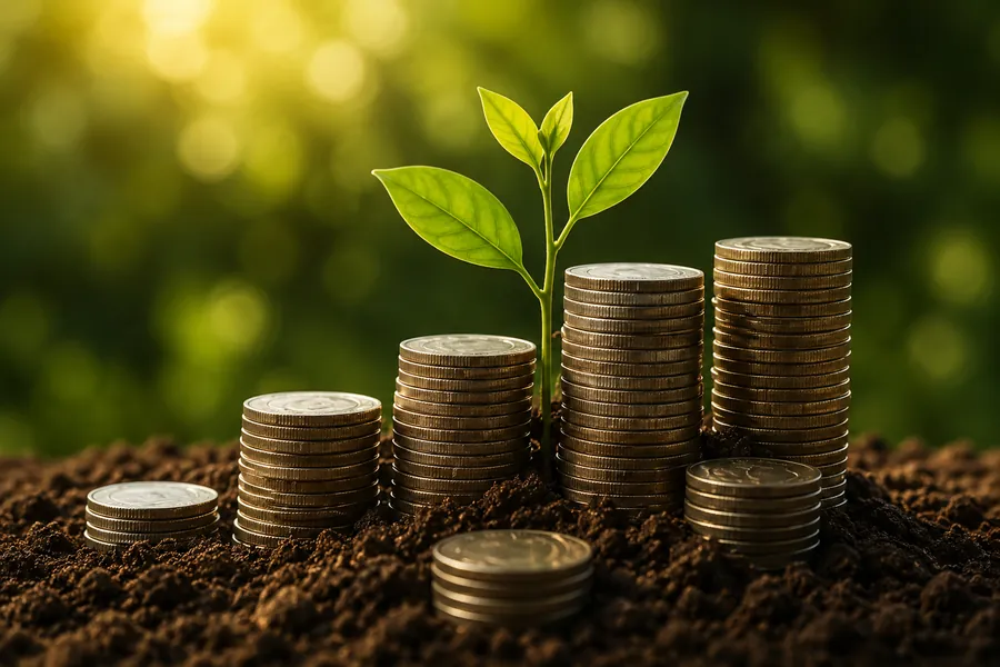 Rows of coin stacks rising out of soil with a green seedling growing from the tallest