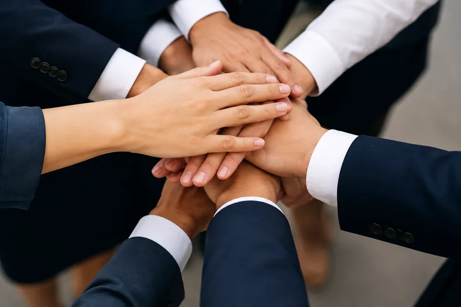 Six colleagues in business dress joining their hands together in the centre of a circle