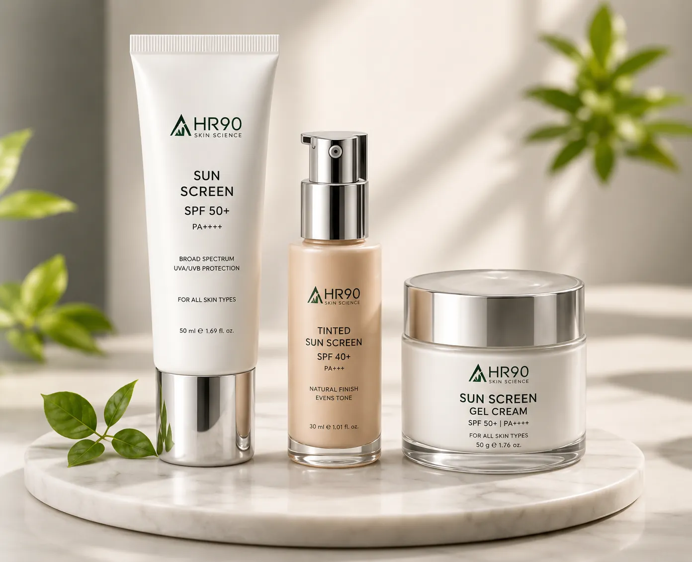 HR90 sun screen cream, tinted sun screen and gel cream arranged on a marble stand
