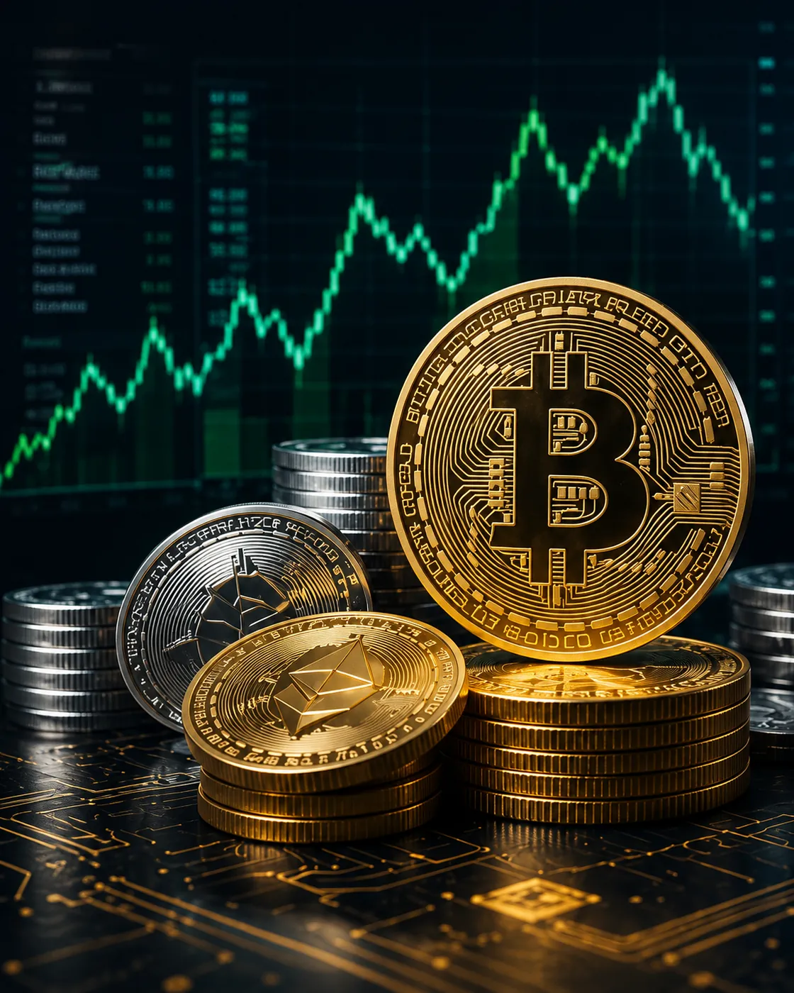 Bitcoin and Ethereum coins stacked in front of a rising market chart