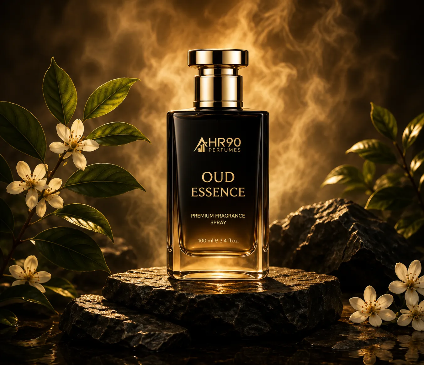 An HR90 Oud Essence fragrance spray bottle on stone, surrounded by blossom and leaves
