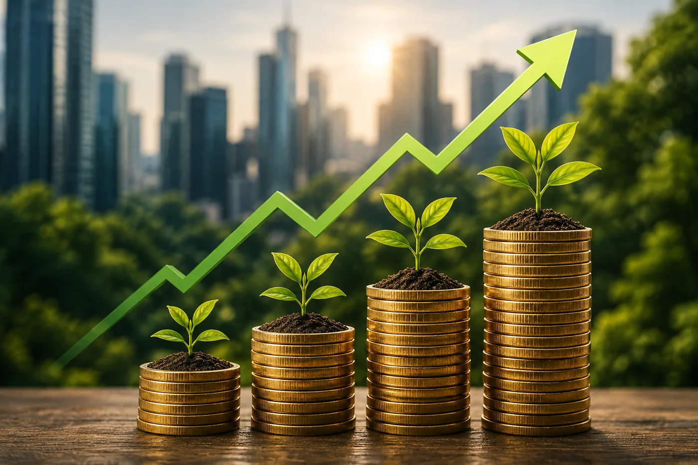 Four rising stacks of coins with green seedlings growing from them, beneath a climbing arrow
