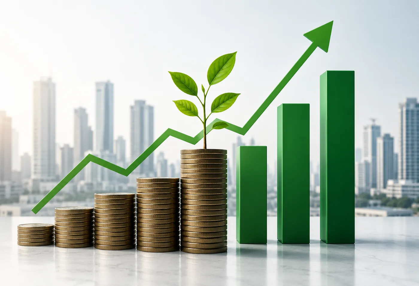 Rising coin stacks and green bar chart with an upward arrow over a city skyline
