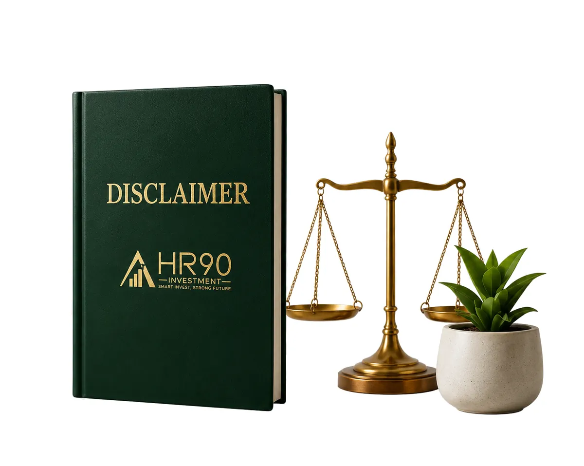 HR90 Investment disclaimer volume beside a set of scales
