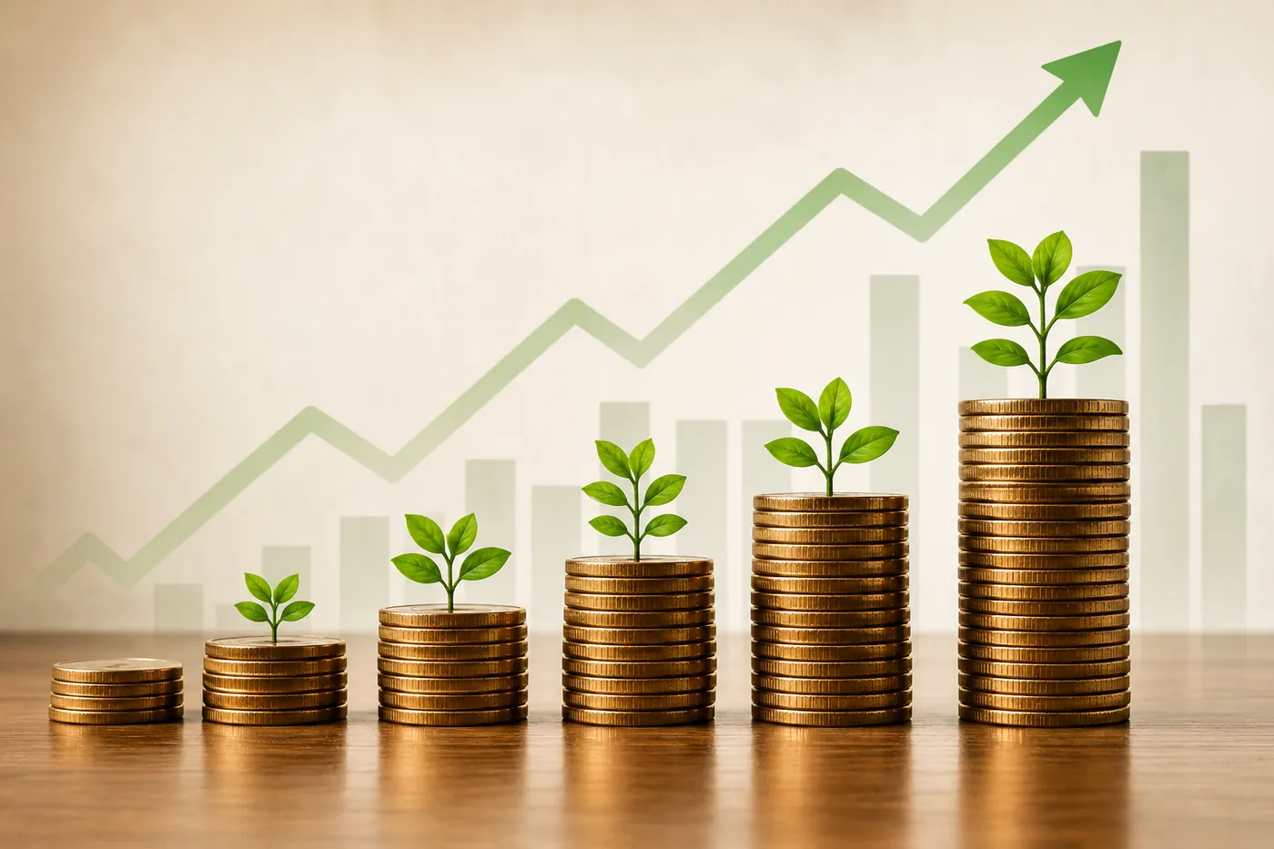 Rising stacks of coins topped with seedlings against a pale bar chart