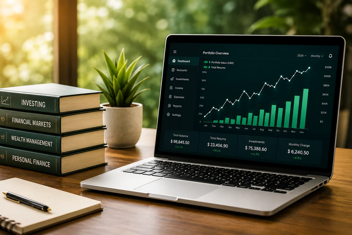 A laptop showing a rising green bar chart, beside a stack of books and a potted plant