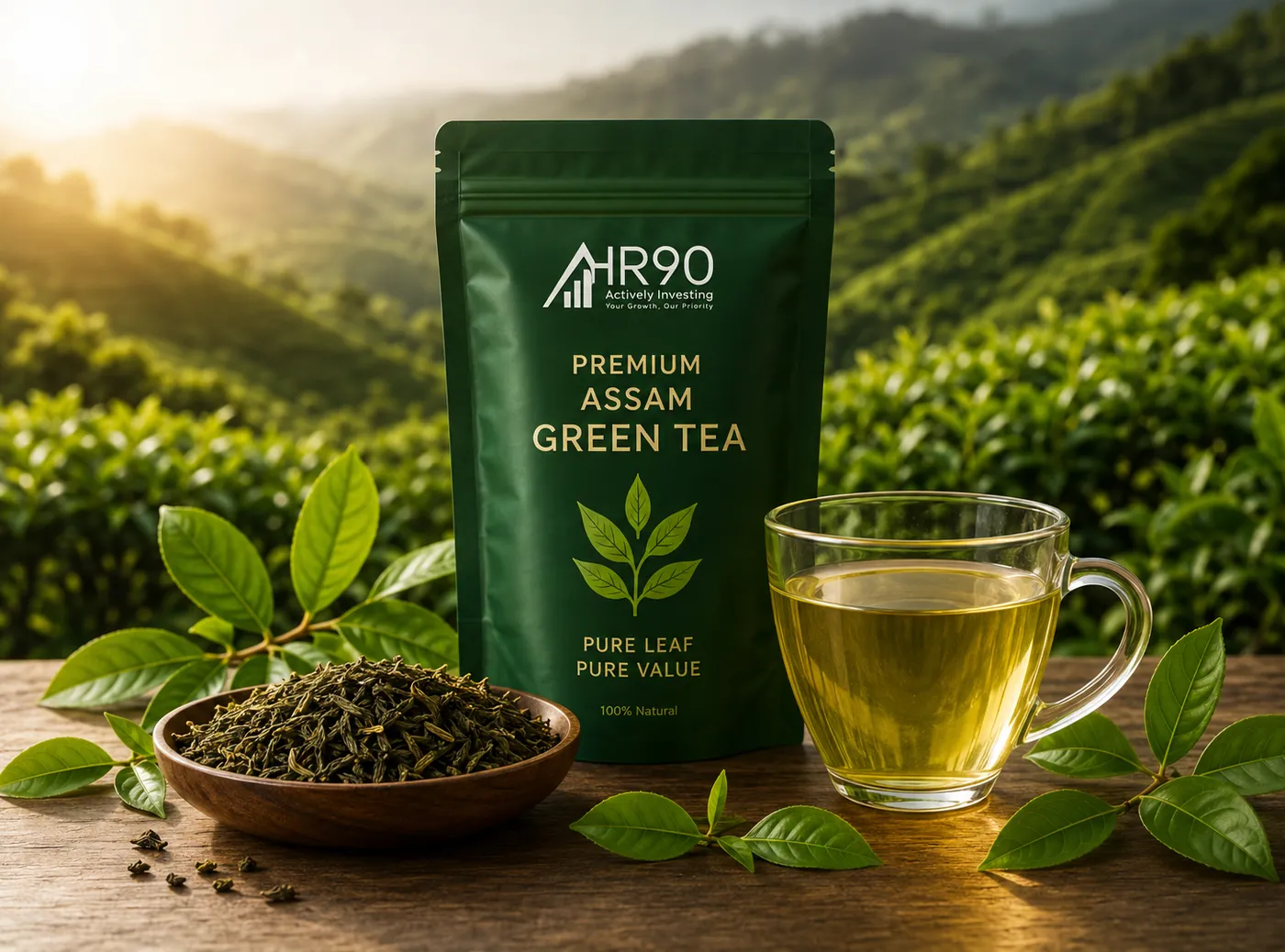 A pouch of HR90 Premium Assam Green Tea beside a glass cup of brewed tea and loose leaves